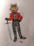 anthro clothing crown gloves handwear headgear holding_melee_weapon holding_object holding_sword holding_weapon jacket leaning_on_object leaning_on_sword male melee_weapon red_clothing red_jacket red_topwear smile smiling_at_viewer solo sword topwear weapon wearing_crown bartek22 bolf nick_(chevyw) hybrid low_res