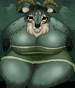 age_difference anthro big_breasts breasts cleavage clothed clothing dress elderly elderly_female female flower horn huge_breasts hyper hyper_breasts mature_female older_female plant sitting solo thick_thighs tree veil wide_hips yellow_eyes yellow_sclera m4n don't_starve klei_entertainment mumsy bovid caprine goat mammal hi_res