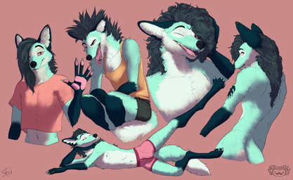 4_toes 5_fingers anthro biped blue_body blue_fur bulge claws clothed clothing digit_ring digitigrade ear_piercing eyebrows facial_markings feet finger_claws fingers fur hair head_markings jewelry looking_at_viewer male mane markings nipples pawpads paws personal_grooming piercing pink_eyes pink_pawpads pose ring ring_piercing smile solo styling_hair tail tail_markings toe_claws toe_ring toes underwear sepiaflux kaibly_(kaibly) canid canine mammal maned_wolf 2024 hi_res sketch_page
