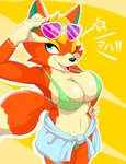 anthro big_breasts bikini blonde_hair bracelet breasts cleavage clothed clothing eyewear female hair hand_on_hip jewelry looking_at_viewer one_eye_closed open_mouth open_smile smile solo sunglasses swimwear tail tied_clothing two-piece_swimsuit wink winking_at_viewer zebra10045 animal_crossing nintendo audie_(animal_crossing) canid canine fox mammal 2025 hi_res