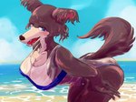 anthro beach big_breasts blush breasts brown_body brown_fur clothing female fur one-piece_swimsuit open_mouth outside seaside swimwear translucent translucent_clothing translucent_swimwear iro_gomasio beastars gris_swimsuit meme_clothing juno_(beastars) canid canine canis mammal wolf 2022 meme