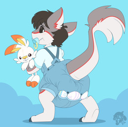 ambiguous_gender anthro black_sclera blue_background blue_claws blue_clothing blue_overalls blue_pacifier blue_shirt blue_topwear blush blush_lines bottomwear brown_body brown_fur brown_hair brown_tail button_(fastener) claws clean_diaper clothed clothing denim denim_bottomwear denim_clothing denim_overalls diaper diaper_peekage diaper_under_clothing ears_back frown fur hair holding_object holding_plushie logo looking_back multicolored_body multicolored_fur multicolored_tail object_in_mouth overalls pacifier pacifier_in_mouth pivoted_ears plushie pokemon_plushie red_body red_fur red_tail shirt simple_background snaggle_tooth solo tail tan_body tan_fur tan_tail toe_claws topwear wearing_diaper bubblepuppers nintendo pokemon cryo_lithius generation_8_pokemon pokemon_(species) scorbunny sergal absurd_res artist_logo full-length_portrait hi_res portrait