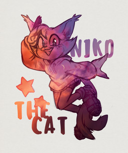 anthro calico_pattern clothing female footwear forked_tail hoodie looking_at_viewer moon shoes sky smile sneakers solo tail text topwear unusual_anatomy unusual_tail lonerdemiurge fan_character niko_(character) calico_cat domestic_cat felid feline felis mammal absurd_res english_text hi_res