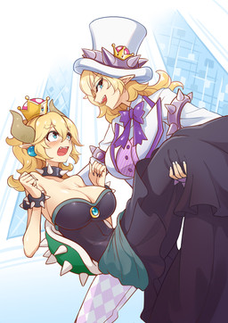 alternate_species armband black_nails black_tie_(suit) blonde_hair blue_eyes blush bracelet breasts bridal_carry captured carrying_another cleavage clothed clothing collar colored_nails crossgender crown dress duo ear_piercing eyebrow_through_hair eyebrows eyelashes female hair hat headgear headwear horn humanoid_pointy_ears humanoidized jewelry long_hair nails open_mouth piercing pointy_ears ponytail sharp_teeth shell spiked_armband spiked_bracelet spiked_collar spiked_shell spikes spikes_(anatomy) square_crossover suit super_crown teeth thick_eyebrows translucent translucent_hair white_nails al栖川さかり bowsette_meme mario_bros nintendo bowser animal_humanoid humanoid koopa_humanoid scalie scalie_humanoid 2018 hi_res meme