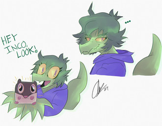 anthro clothing dialogue duo ellipsis eyelashes female feral fingers freckles green_body green_hair green_scales grey_eyes hair hoodie long_tail looking_at_viewer male open_mouth open_smile scales simple_background smile snout tail text topwear white_background yellow_sclera infinitecher cavemanon_studios i_wani_hug_that_gator guts_(iwhtg) olivia_halford baryonyx dinosaur mammal murid murine prehistoric_species rat reptile rodent scalie spinosaurid theropod 2024 dated digital_drawing_(artwork) digital_media_(artwork) english_text hi_res signature