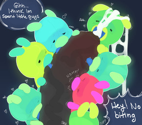 ambiguous_gender anthro big_penis bite bodily_fluids cum cum_in_mouth cum_inside cum_on_face dialogue feral genital_fluids genitals glowing glowing_body group heart_symbol huge_penis licking looking_pleasured male oral penile penis penis_lick sex size_difference tongue vein veiny_penis sushiamazing sushi_(sushiamazing) arthropod caterpillar flow_worms_(bits_and_bops) insect larva absurd_res hi_res