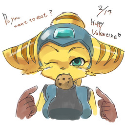anthro blush brown_nose cheek_tuft clothing cookie cute_fangs dialogue ear_markings ears_down eyelashes facial_markings facial_tuft fangs female food fur gesture gloves green_eyes hair hand_gesture handwear hat head_markings head_tuft headgear headwear looking_at_viewer markings mouth_hold one_eye_closed pivoted_ears pointing ponytail simple_background solo talking_to_viewer teeth text tuft white_background yellow_body yellow_fur abemaru ratchet_and_clank sony_corporation sony_interactive_entertainment angela_cross lombax mammal 1:1 2016 english_text signature