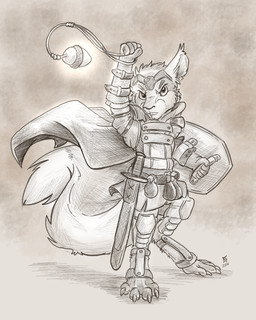acorn anthro armor buckteeth cape claws clothed clothing food fruit looking_at_viewer male melee_weapon nut_(fruit) plant shield solo sword teeth toe_claws weapon flinters arcan_(character) mammal rodent sciurid tree_squirrel 2021 4:5 brown_and_white hi_res monochrome