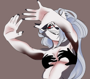 5_fingers anthro breasts claws eyelashes female finger_claws fingers front_view fur grey_background grey_body grey_fur grey_hair hair hair_over_eye long_hair looking_at_viewer multicolored_body multicolored_fur nude nude_anthro nude_female pose red_sclera shadow simple_background smile solo tasteful_nudity teeth two_tone_body two_tone_fur white_body white_eyes white_fur myboscha hellaverse helluva_boss mythology shadow_hands_challenge loona_(helluva_boss) canid canid_demon canine demon hellhound mammal mythological_canine mythological_creature 2026 digital_drawing_(artwork) digital_media_(artwork) hi_res