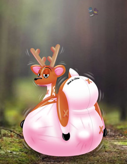 anthro antlers belly big_belly black_nose blurred_background brown_body fetal_movement half-closed_eyes horn huge_belly hyper hyper_belly hyper_pregnancy inflatable looking_at_viewer looking_back looking_back_at_viewer male motion_lines narrowed_eyes onomatopoeia open_mouth photo_background pink_inner_ear pregnant pregnant_anthro pregnant_male resting_on_belly shaking short_tail solo sound_effects squeaking tail text white_body fancy_blue deer_mike mike_(deer_mike) animate_inanimate deer hybrid living_inflatable mammal 2026 absurd_res hi_res mixed_media photography_(artwork)