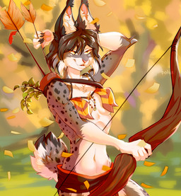 anthro arrow_(weapon) bottomwear bow_(weapon) bra breasts brown_hair claws clothing female forest forest_background fur grey_body grey_fur hair leaf markings nature nature_background orange_eyes plant ranged_weapon skirt small_breasts solo spots spotted_body spotted_fur tree underwear weapon white_body pompidu-polya annabelle_(avisseron) felid feline lynx mammal hi_res