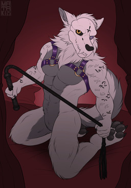 abs anthro athletic athletic_anthro athletic_male bdsm bed bedroom black_paws bone cosmic_eyes cross fluffy fluffy_tail fur furniture grey_body grey_fur harness heterochromia inverted_cross looking_at_viewer male multicolored_body pecs purple_harness runes skull solo tail two_tone_body whip white_body white_fur yellow_eyes mataki23 asylumcursed canid canine mammal skulldog_(species) hi_res