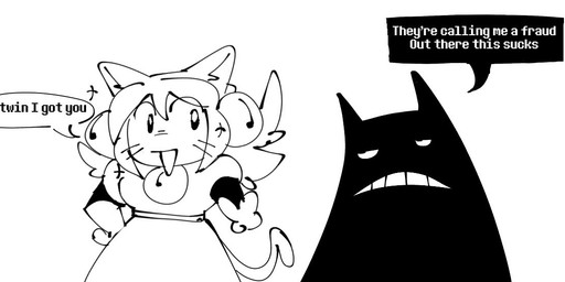 ambiguous_gender bell_accessory biped dialogue duo eye_contact female feral looking_at_another speech_bubble talking_to_another text whiskers killer_outlet deltarune undertale_(series) friend_(deltarune) mew_mew_(undertale) pink_(deltarune) animal_humanoid felid felid_humanoid feline feline_humanoid humanoid mammal mammal_humanoid 2026 black_and_white digital_drawing_(artwork) digital_media_(artwork) english_description english_text monochrome