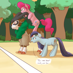 blue_eyes blue_hair brown_eyes cutie_mark dialogue female feral fur grin group hair outside pink_body pink_fur pink_hair plant pompadour riding smile straddling tail text tomboy tree goattrain friendship_is_magic hasbro my_little_pony nintendo pokemon aurea_laurea_(mlp) pinkie_pie_(mlp) bovid caprine crystal_pony_(mlp) earth_pony equid equine generation_6_pokemon goat gogoat horse mammal pokemon_(species) pony 1:1 2013 crossover english_text hi_res
