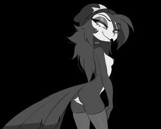 anthro beanie black_background breasts butt choker clothing female hair hat headgear headwear jewelry legwear long_hair looking_at_viewer necklace nipples side_boob simple_background solo thigh_highs haaru hellaverse helluva_boss octavia_(helluva_boss) avian bird demon owl 5:4 greyscale monochrome