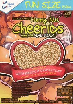 antennae_(anatomy) anthro anus blush bodily_fluids bowl breasts cereal cereal_box clothing collar container cute_fangs fangs female food fur genital_fluids glistening glistening_body glowing glowing_eyes hair looking_pleasured mascot masturbation nude open_mouth orgasm orgasm_face simple_background solo spread_legs spreading tail teeth text tongue wings yellow_body khalfy_kun cheerios general_mills honey_nut_cheerios rebekah_(khalfy_kun) arthropod bee hymenopteran insect absurd_res english_text hi_res meme