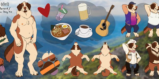 acoustic_guitar alcohol anthro beer beverage blep boxers_(clothing) brown_body brown_fur bubble_tea chaps chibi clothed clothed_anthro clothed_male clothing coffee_cup collar color_swatch container cowboy_hat cup food footprint fully_clothed fully_clothed_anthro fully_clothed_male fur guitar hand_behind_head hat headgear headwear heart_symbol kerchief looking_at_viewer male male_anthro musical_instrument nipples noodles nude nude_anthro nude_male orange_eyes overweight overweight_anthro overweight_male pawprint plucked_string_instrument ramen shirt smile solo standing string_instrument tail tan_body tan_fur tank_top teeth text tongue tongue_out topwear underwear wearing_collar labradorszn bernese_mountain_dog canid canine canis domestic_dog mammal mixed_breed molosser mountain_dog swiss_mountain_dog absurd_res english_text hi_res model_sheet