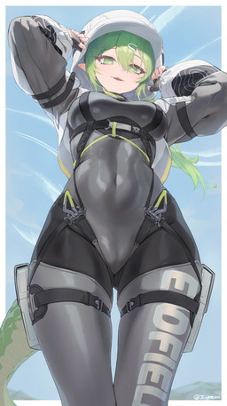 accessory black_bodysuit black_clothing black_skinsuit blush bodysuit breasts camel_toe clothing female fingerless_gloves genital_outline gloves green_eyes green_hair hair hair_accessory hair_between_eyes handwear hood jacket long_hair long_sleeves looking_at_viewer looking_down looking_down_at_viewer medium_breasts navel_outline open_mouth pointy_ears prick_ears raised_arms skinsuit sky smile solo tail tight_clothing topwear vulva_outline white_clothing white_jacket white_topwear jtveemo arknights arknights_endfield hypergryph studio_montagne fluorite_(arknights) animal_humanoid humanoid reptile reptile_humanoid scalie scalie_humanoid snake_humanoid 2026 colored digital_drawing_(artwork) digital_media_(artwork) hi_res shaded