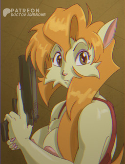 4_fingers anime_style anthro areola big_areola big_breasts blonde_hair breasts claws eyelashes eyeshadow female finger_claws fingers fur green_eyes gun hair handgun holding_gun holding_handgun holding_object holding_pistol holding_ranged_weapon holding_weapon holster long_hair looking_at_viewer makeup nipples patreon_logo pistol purple_eyeshadow ranged_weapon retro_anime_style snaggle_tooth solo style_emulation tan_body tan_fur text weapon doctor_awesome glock heathcliff_and_the_catillac_cats patreon cleo_catillac domestic_cat felid feline felis mammal 2025 absurd_res artist_name digital_drawing_(artwork) digital_media_(artwork) english_text hi_res watermark