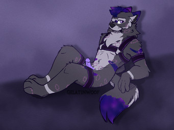 anthro biped bite bite_mark blush chest_harness erection feet genitals glans harness hindpaw humanoid_genitalia humanoid_penis male male_anthro paws penis solo gelatinwoof canid canine canis domestic_dog hybrid mammal wolf 4:3 hi_res