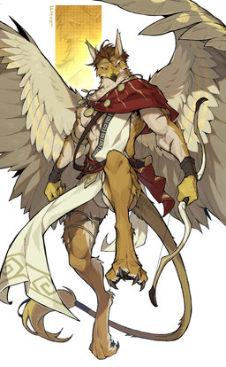 accessory anthro armor beak bottomwear bow_(weapon) bracers brown_hair chiton clothing eye_scar facial_scar feathered_wings feathers feet fur hair headband holding_bow_(weapon) holding_object holding_ranged_weapon holding_weapon jewelry legband loincloth looking_at_viewer male muscular muscular_anthro muscular_male necklace paws pointy_ears ranged_weapon sash scar solo tail tail_tuft talons tan_body tan_fur thighband toes tuft weapon wings yellow_eyes fish7163 mythology helios_(reishusky) avian gryphon mythological_avian mythological_creature 2026 absurd_res digital_media_(artwork) hi_res signature