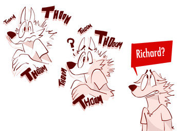 anthro clothed clothed_anthro clothed_male clothing dialogue fully_clothed fully_clothed_anthro fully_clothed_male looking_up looking_up_at_another male onomatopoeia questioning shirt shocked solo sound_effects speech_box stomping surprised t-shirt text topwear dudenahuel nahuel_(dudenahuel) canid canine mammal maned_wolf 2023 absurd_res english_text hi_res