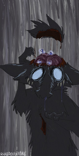blood bodily_fluids brain drooling empty_eyes gore male open_skull organs saliva semi-anthro solo white_eyes wounded conditional_dnp wolftacos rosco_(shadowdog) shadowdog hi_res