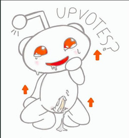 antennae_(anatomy) asking blush bodily_fluids crouching cum cumshot directional_arrow drooling ejaculation erection genital_fluids genitals kneeling male mascot not_furry penis pupils red_eyes saliva short_ears simple_background slit_pupils smile smiling_at_viewer solo tapering_penis text white_body redditor34 reddit snoo alien alien_humanoid humanoid digital_media_(artwork)
