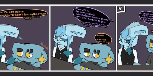 anthro blue_body blue_sclera border clothing dark_sclera dialogue duo fur furniture grey_border hand_on_table inside looking_away male open_mouth profanity simple_background slouching slumped table tail text topwear upset vest white_eyes yellow_eyes gazaster nintendo pokemon gams_(gazaster) lex_(gazaster) canid canine eeveelution felid feline generation_4_pokemon glaceon mammal pokemon_(species) shinx 2025 comic digital_media_(artwork) english_text hi_res signature nonbinary_(lore)