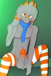 anthro balls big_penis blue_scarf clothing floppy_ears fur genitals glans grey_body grey_fur hair horn humanoid_genitalia humanoid_penis legwear male mostly_nude orange_clothing orange_eyes orange_glans orange_horn orange_legwear orange_thigh_highs pattern_clothing pattern_legwear pattern_thigh_highs penis scarf solo striped_clothing striped_legwear striped_thigh_highs stripes thigh_highs conditional_dnp gusta gusta_(gusta) bovid caprine goat mammal hi_res