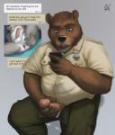 5_fingers abs anthro anus balls biped black_nose blue_eyes bodily_fluids bottomwear brown_body brown_fur brown_hair butt clothed clothing cum cutaway daddy_kink dirty_talk duo electronics erection fingers firefighter front_view fur genital_fluids genitals good_boy grey_body grey_fur hair holding_penis humanoid_genitalia humanoid_penis lying male masturbation musclegut muscular nude on_back open_bottomwear open_clothing open_mouth open_pants overweight overweight_male pants penile penile_masturbation penis phone precum presenting sex sexting simple_background sitting slightly_chubby solo_focus spread_legs spreading teasing text text_message texting tongue tongue_out unprofessional_behavior white_balls rov ronan_(aragonthefox) bear canid canine canis mammal wolf 2017 english_text hi_res multiple_images portrait three-quarter_portrait