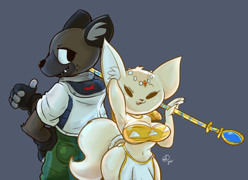 accessory anthro bandeau big_breasts black_ears black_eyes blush bomber_jacket bottomwear breasts brown_body brown_fur cartoon_freckles cleavage clothed clothing cosplay dot_eyes duo eyebrows eyelashes facial_markings fangs female fluffy fluffy_tail freckled_face freckles fur furgonomics gesture gloves gold_(metal) gold_bra gold_jewelry green_bottomwear green_clothing green_pants grey_background hand_gesture handwear head_jewelry head_markings head_tuft holding_melee_weapon holding_object holding_polearm holding_weapon inner_ear_fluff jacket jewelry krystal's_staff loincloth long_eyelashes looking_at_viewer looking_back male markings melee_weapon midriff muzzle_(marking) navel necklace open_mouth pants polearm raised_arm raised_eyebrow red_jewelry ring sharp_teeth shortstack shoulder_pads simple_background simple_eyes staff tail tail_accessory tail_jewelry tail_ring tan_body tan_fur teeth thumbs_up topwear tuft underbite weapon wide_hips onuscore aggretsuko nintendo sanrio star_fox fenneko fox_mccloud haida_(aggretsuko) krystal_(star_fox) canid canine fennec_fox fox hyena mammal spotted_hyena true_fox 2024 absurd_res digital_media_(artwork) hi_res portrait signature three-quarter_portrait