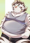 anthro band-aid bandage belly big_belly blue_eyes bulge clothing eyewear glasses humanoid_hands kemono male moobs overweight overweight_male shirt solo topwear underwear nazebesu_hobby lifewonders tokyo_afterschool_summoners licho_(tas) felid mammal pantherine tiger 2023 absurd_res hi_res