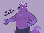 anthro beard belly biped black_bottomwear black_clothing black_nose black_pants bottomwear chest_tuft clothing ear_piercing ear_tuft facial_hair fur hair half-closed_eyes humanoid_hands inner_ear_fluff male musclegut muscular narrowed_eyes navel nipples pants piercing purple_body purple_eyes purple_fur purple_tail shirtless simple_background slightly_chubby smile solo tail text tuft unnatural_colors white_hair spyz_(artist) kodi_(spyz) canid canine mammal 2022 digital_drawing_(artwork) digital_media_(artwork) flat_colors signature