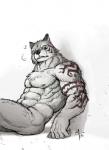 abs anthro athletic biceps big_muscles biped black_nose blue_eyes chest_tuft fangs fur grey_body grey_fur looking_at_viewer male muscular muscular_anthro muscular_male nipples nude pecs pose simple_background sitting solo tattoo teeth tuft white_background fffffolder canid canine canis mammal wolf 2009