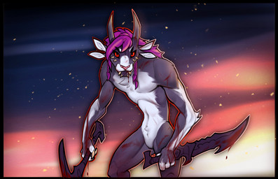 4_ears 4_horns anthro barely_visible_genitalia barely_visible_vulva blood bodily_fluids dagger female genitals holding_object holding_weapon horn looking_at_viewer melee_weapon multi_ear multi_horn slim solo vulva weapon dem0npaws guild_wars charr felid mammal 2024 absurd_res hi_res