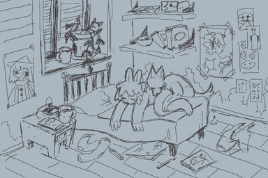 ambiguous_gender anthro bed book bookshelf cuddling duo eyes_closed furniture home hug lying messy_room nude painting_(object) plant poster_(object) sleeping dvoykin canid canine canis hare lagomorph leporid mammal rabbit wolf 2025 3:2 hi_res sketch