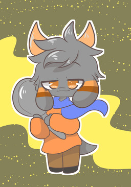 anthro blue_scarf chibi clothing cookware floppy_ears frying_pan fur grey_body grey_fur hair holding_object hoodie horn khaki_pants kitchen_utensils male orange_clothing orange_eyes orange_hoodie orange_horn orange_stripes orange_topwear outline scarf simple_background smile smirk solo standing stripes tools topwear smolsammich gusta_(gusta) bovid caprine goat mammal