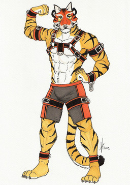 abs anthro barefoot black_harness blue_eyes bulge claws clothed clothing feet flexing flexing_bicep front_view fur grey_claws hand_on_hip harness looking_at_viewer male male_anthro markings mask muscular muscular_anthro muscular_male navel orange_harness pecs simple_background simple_eyes solo standing striped_arms striped_legs striped_markings striped_tail stripes tail tail_markings topless wearing_mask white_background white_body white_fur yellow_body yellow_fur hufnaar felid mammal pantherine tiger 2019 dated full-length_portrait hi_res portrait traditional_media_(artwork)