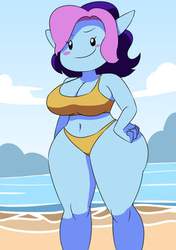 beach beady_eyes big_breasts bikini blue_body blue_skin blush blush_stickers breasts cleavage clothed clothed_female clothed_humanoid clothing cloud female hair hand_on_leg hand_on_thigh humanoid_pointy_ears midriff multicolored_hair navel pink_hair pointy_ears purple_hair sea sky small_waist smile solo swimwear thick_thighs two-piece_swimsuit two_tone_hair water wide_hips yellow_bikini yellow_clothing yellow_swimwear orcaverde bravest_warriors cartoon_hangover plum_(bravest_warriors) humanoid 2024 hi_res portrait three-quarter_portrait