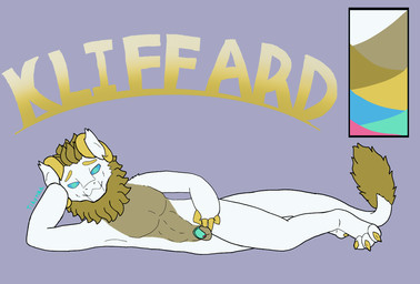 anthro balls chastity_cage chastity_device fur genitals green_eyes horn lying male on_side smile smiling_at_viewer solo teal_chastity_cage white_body white_fur yellow_body yellow_fur yellow_horn tikytikk kliffard_(tikytikk) wickerbeast model_sheet