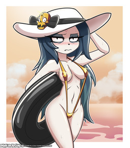 anthro biped black_eyes blush bodily_fluids clothed clothed_anthro clothed_female clothing cute_fangs fangs female female_anthro gold_sling_bikini hair hat headgear headwear long_hair looking_at_viewer navel one-piece_swimsuit pool_float sling_bikini small_waist solo standing sweat sweatdrop swimwear teeth text white_clothing white_hat white_headwear wide_hips yellow_sling_bikini dankodeadzone cartoon_hangover golden_week the_summoning claire_(the_summoning) domestic_cat felid feline felis mammal 2026 hi_res url
