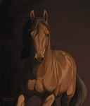 ambiguous_gender blue_eyes brown_body brown_hair brown_mane brown_tail feral hair looking_at_viewer mane simple_background solo tail ternarin dolero equid equine horse mammal 2022 digital_media_(artwork) hi_res portrait three-quarter_portrait male_(lore)