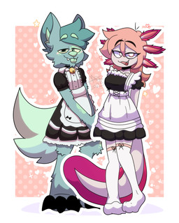 anthro bangs biped blep breasts clothed clothed_anthro clothed_female clothed_male clothing duo eyewear female female_anthro glasses hair looking_at_viewer maid_uniform male male_anthro open_mouth pose short_hair three-quarter_view tongue tongue_out uniform anonymous_artist apollo_(apollothesomething) seany 4:5 cel_shading digital_drawing_(artwork) digital_media_(artwork) full-length_portrait hi_res portrait shaded