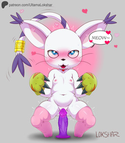 accessory anthro blue_eyes blush blush_lines bodily_fluids clitoris clothing dildo eye_roll female front_view fur furgonomics genitals gloves gold_ring grey_background handwear heart_symbol jewelry legwear loli looking_at_viewer markings necklace nipples pink_clitoris pink_inner_ear pointy_ears prick_ears purple_dildo ring sex_toy shadow shaking simple_background smile smiling_at_viewer solo speech_bubble standing stockings striped_markings striped_tail stripes sweat tail tail_accessory tail_jewelry tail_markings tail_ring tail_tuft text tongue tremble_lines trembling tuft whiskers white_body white_fur yellow_clothing yellow_gloves yellow_handwear young young_anthro young_female ultama_lokshar bandai_namco digimon patreon digimon_(species) domestic_cat felid feline felis gatomon mammal alternate_version_at_paywall artist_name better_version_at_paywall digital_media_(artwork) hi_res shaded simple_shading url