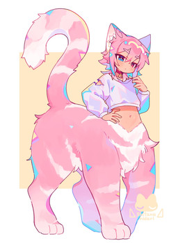 3_toes 6_limbs ambiguous_gender bell bell_collar belly big_tail blue_eyes bottomless clothed clothing collar countershading dipstick_legs dipstick_limbs dipstick_tail eyebrows feet fluffy fur hair hand_on_hip heterochromia inner_ear_fluff light_body light_skin markings multicolored_body multicolored_fur paws pink_body pink_eyebrows pink_fur pink_hair quadruped red_eyes simple_background solo striped_body striped_fur striped_markings stripes tail tail_markings text toes topwear topwear_only torn_clothing tuft shitano_hidari domestic_cat felid feline felis human humanoid_taur mammal taur hi_res signature