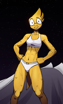 anthro athletic athletic_anthro athletic_female clothing coat eyewear female glasses hands_on_hips lab_coat looking_at_viewer markings scale_markings scales solo standing teeth topwear underwear yellow_body conditional_dnp shido-tara undertale_(series) alphys scalie