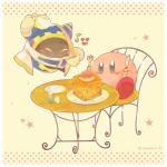 ambiguous_gender beverage blush border cake clothing container cup dessert duo eyes_closed food furniture gloves handwear not_furry sitting table white_border tomonin_ils kirby_(series) nintendo kirby magolor alien waddling_head 1:1 2019 signature