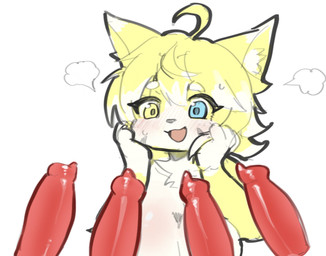 ahoge animal_genitalia animal_penis anthro bangs blush blush_lines bodily_fluids breasts canine_genitalia canine_penis disembodied_penis eyelashes female genitals group hair heterochromia kemono looking_at_genitalia looking_at_penis male nude penis simple_background sweat white_background zovos canid canine mammal colored hi_res