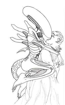 bald barefoot butt claws duo eyebrows eyeless feet female hug human_on_humanoid interspecies kissing love male male/female nude passionate restrained simple_background slim white_background unknown_artist alien_(franchise) alien human humanoid mammal monster xenomorph black_and_white monochrome source_request